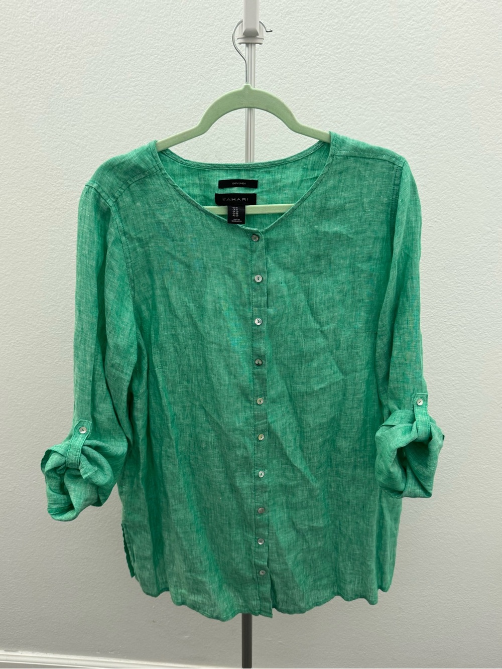 Tahari TurquoiseGreen 100% Linen Button-Up Quiet Luxury Classic Beachy Bohemian